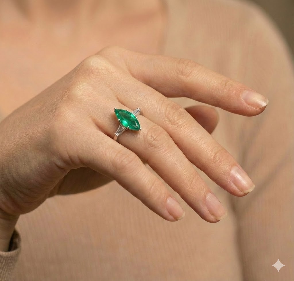 Vintage Platinum Engagement Ring 2.09CT. Gem Natural Green Emerald Marquise Cut