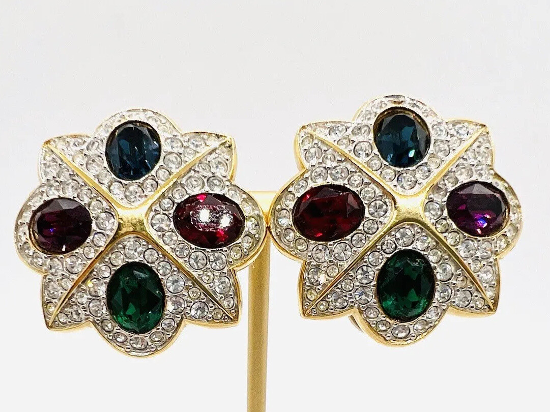 SWAROVSKI Multicolored Jewel Tone Crystal Earrings Signed Vintage Jewelry