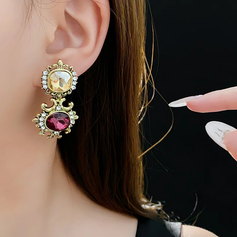 Vintage Purple Rhinestone Necklace Drop Earrings for Women Palace Style