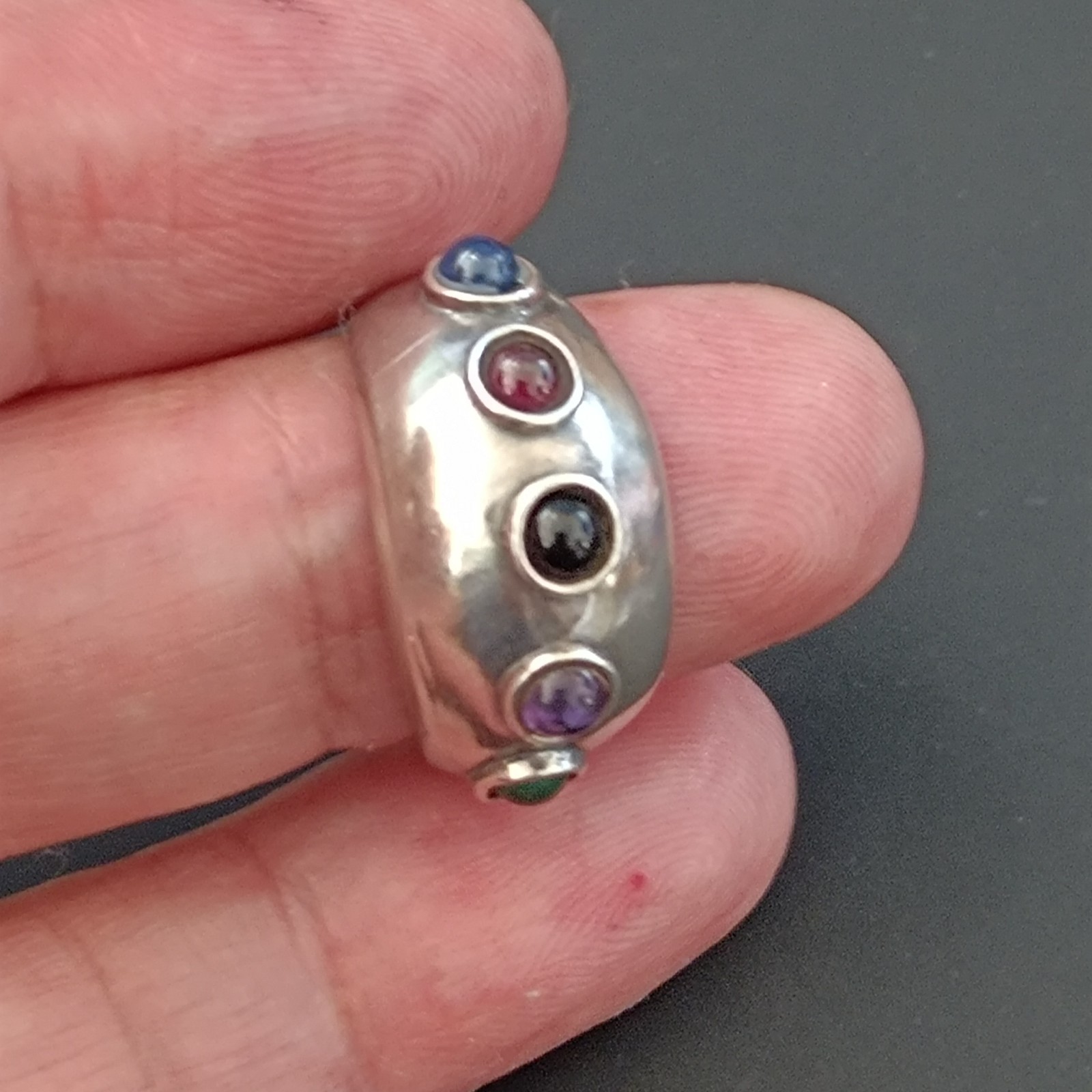 Modernist Gemstone Dome Ring Sterling Silver Cabochon Band Boho Israeli Artisan