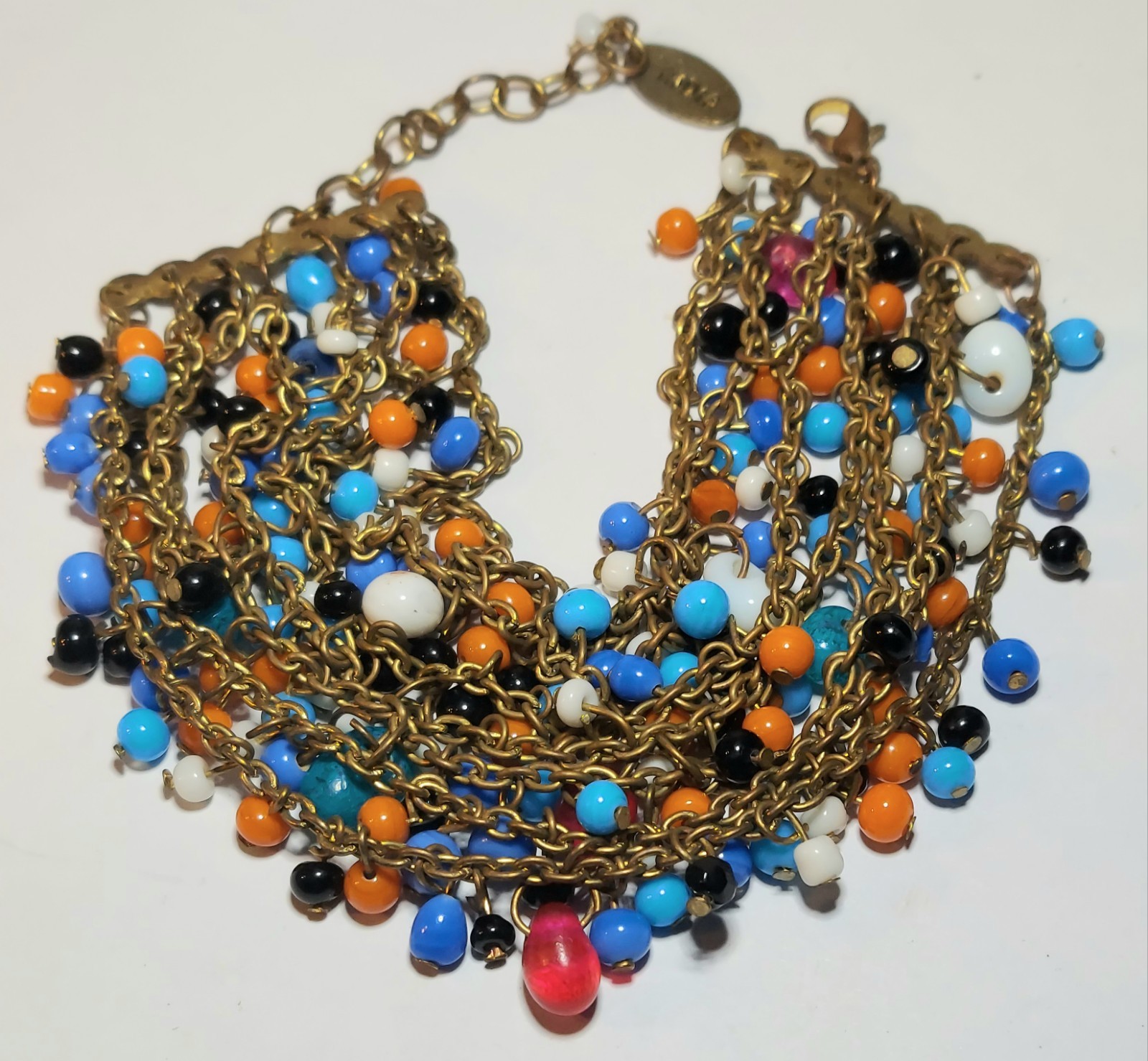 Vintage Tanjore India 7 Stand Multicolor Glass Beaded Bracelet Gold Tone 7″