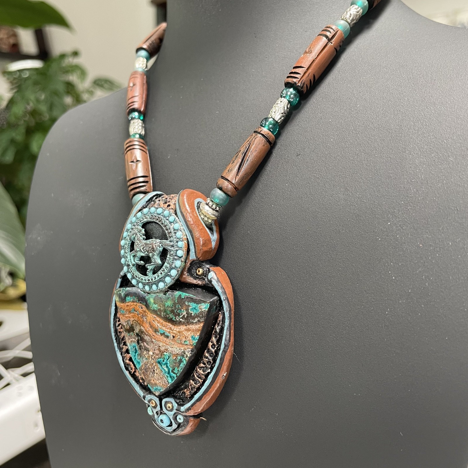Boho Artisan Triangle Royston Turquoise w/Running Horse Turquoise beads Necklace