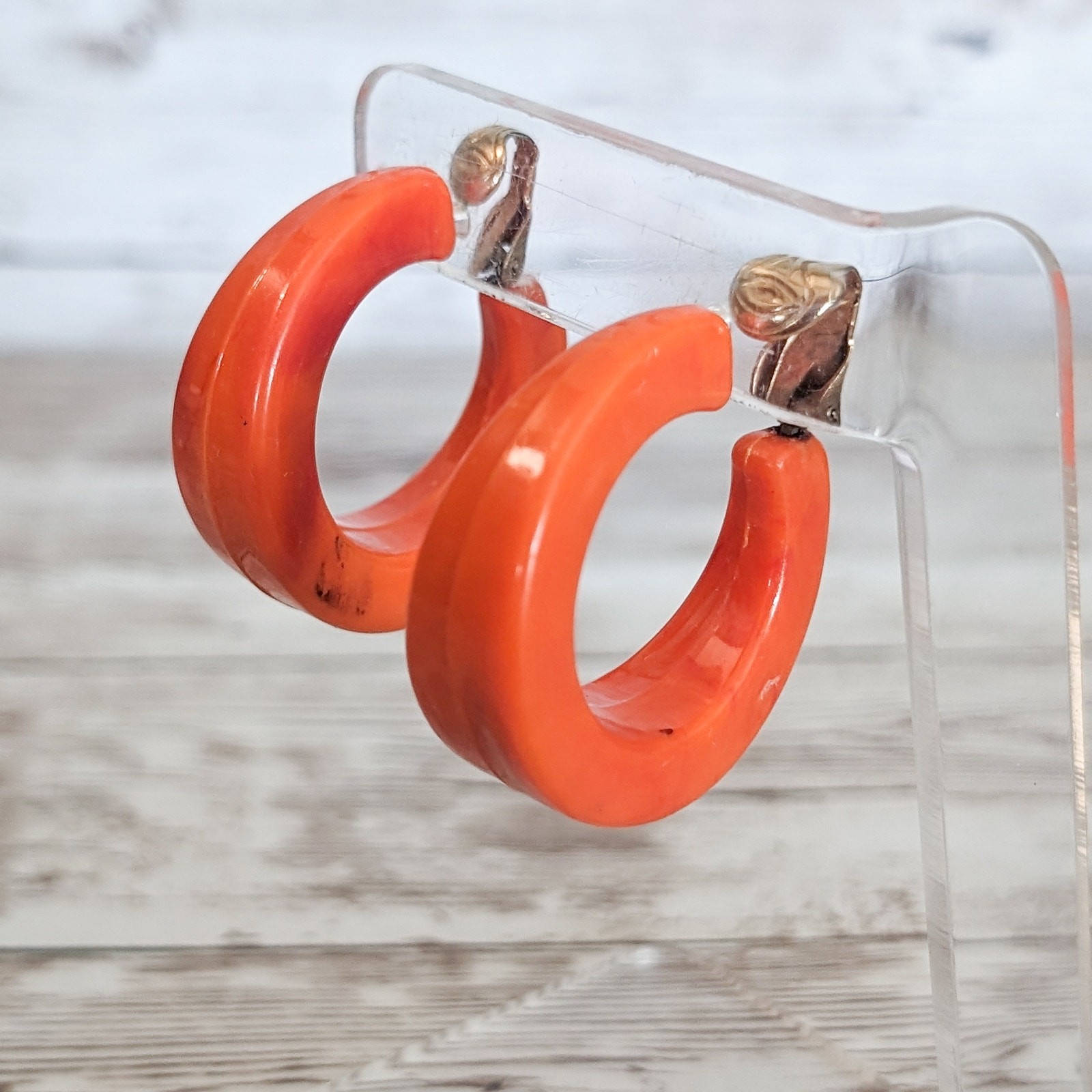 Vintage Clip On Earrings Large & Chunky Orange Hoops Stamped Hong Kong