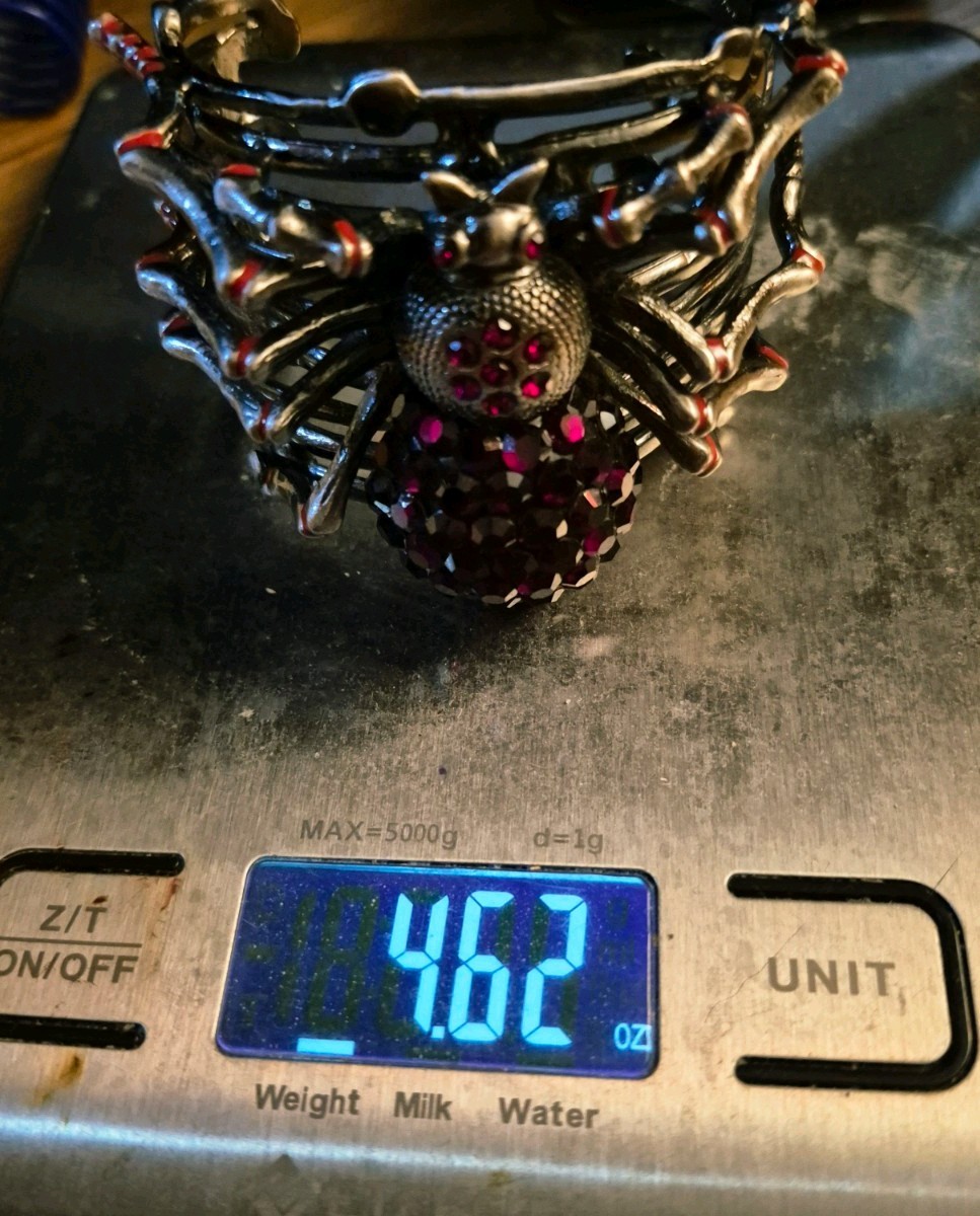 Vintage Spider Statement Ruby Red Rhinestones Silver Adjustable Cuff Bracelet