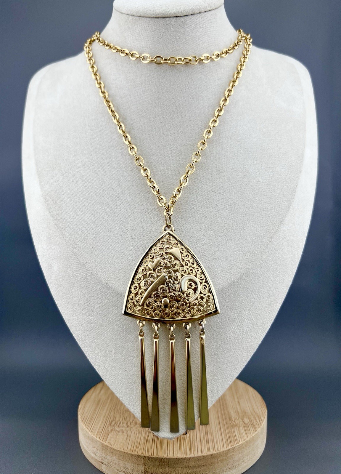 Vintage Boho Necklace Filigree Geometric Pendant Bar Tassel Fringe Gold Tone 27”