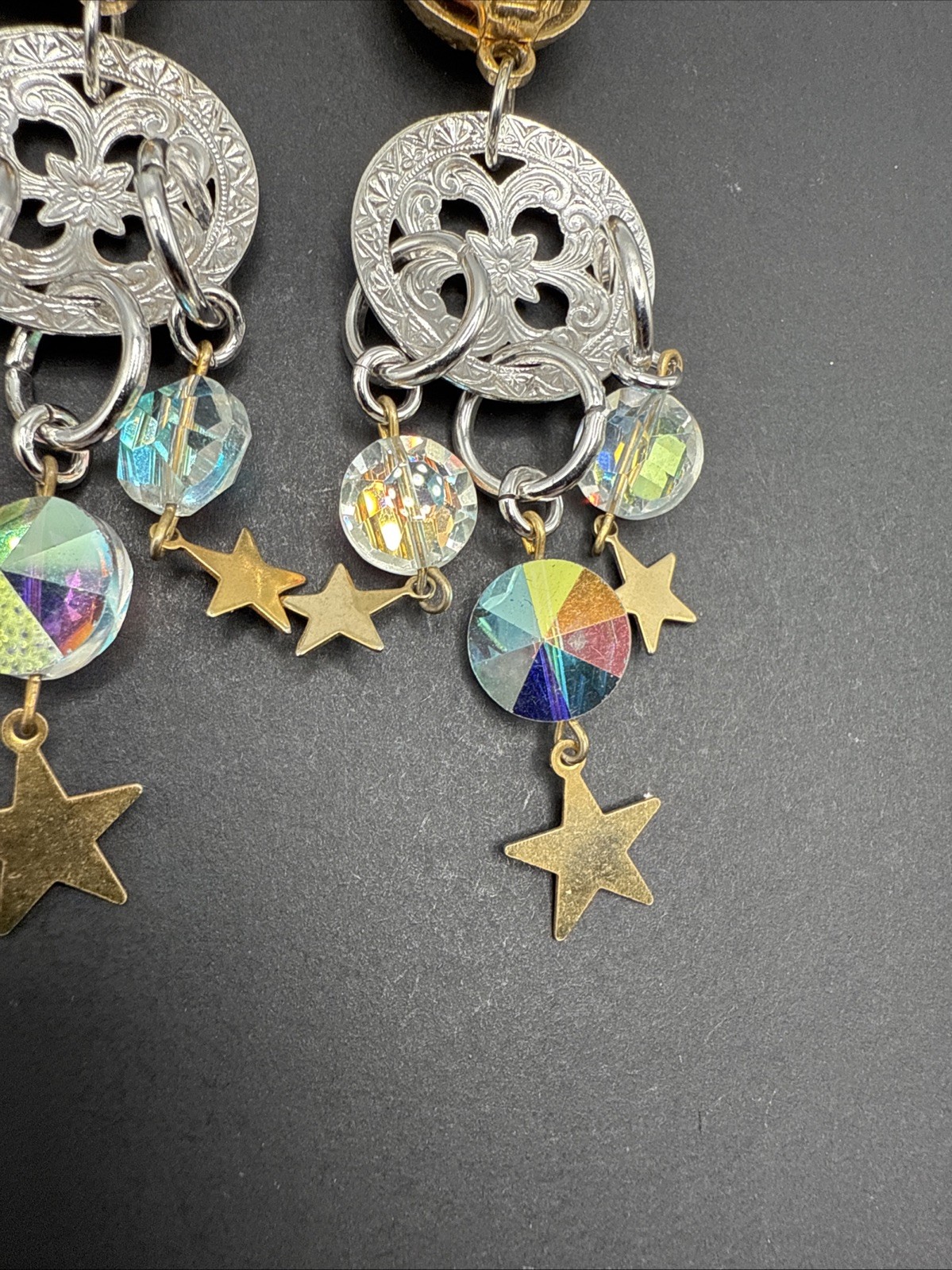 Kirks Folly Signed Silver Gold Tone Dangle Stars Moon Crystal Earrings C81