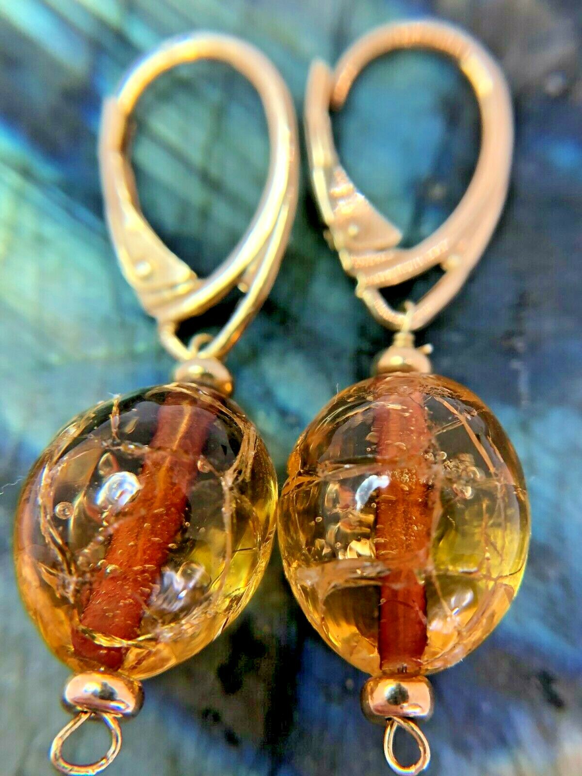 Vintage Sterling Silver Vermeil 14mm Yellow Glass Bead Dangle Earrings 6.4 Grams