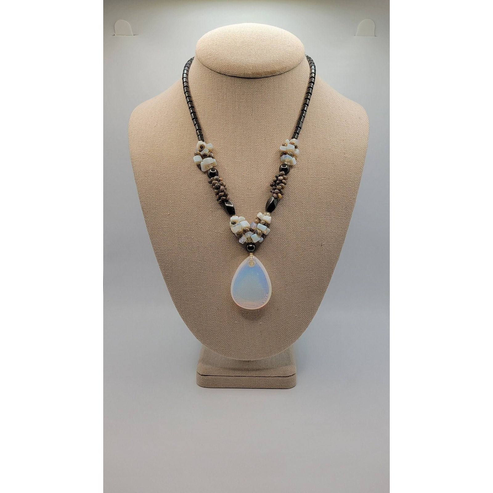Moonstone Hematite Necklace Faux Opalite Pendant Tiny Shells Seed Bead Vintage