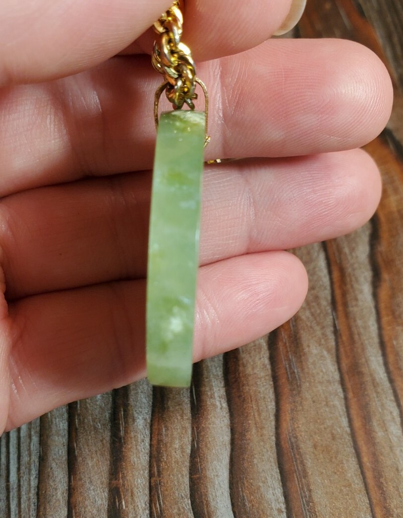 Jade / Serpentine* Necklace Round Chinese Asian Symbol Etched Gold Tone 24″