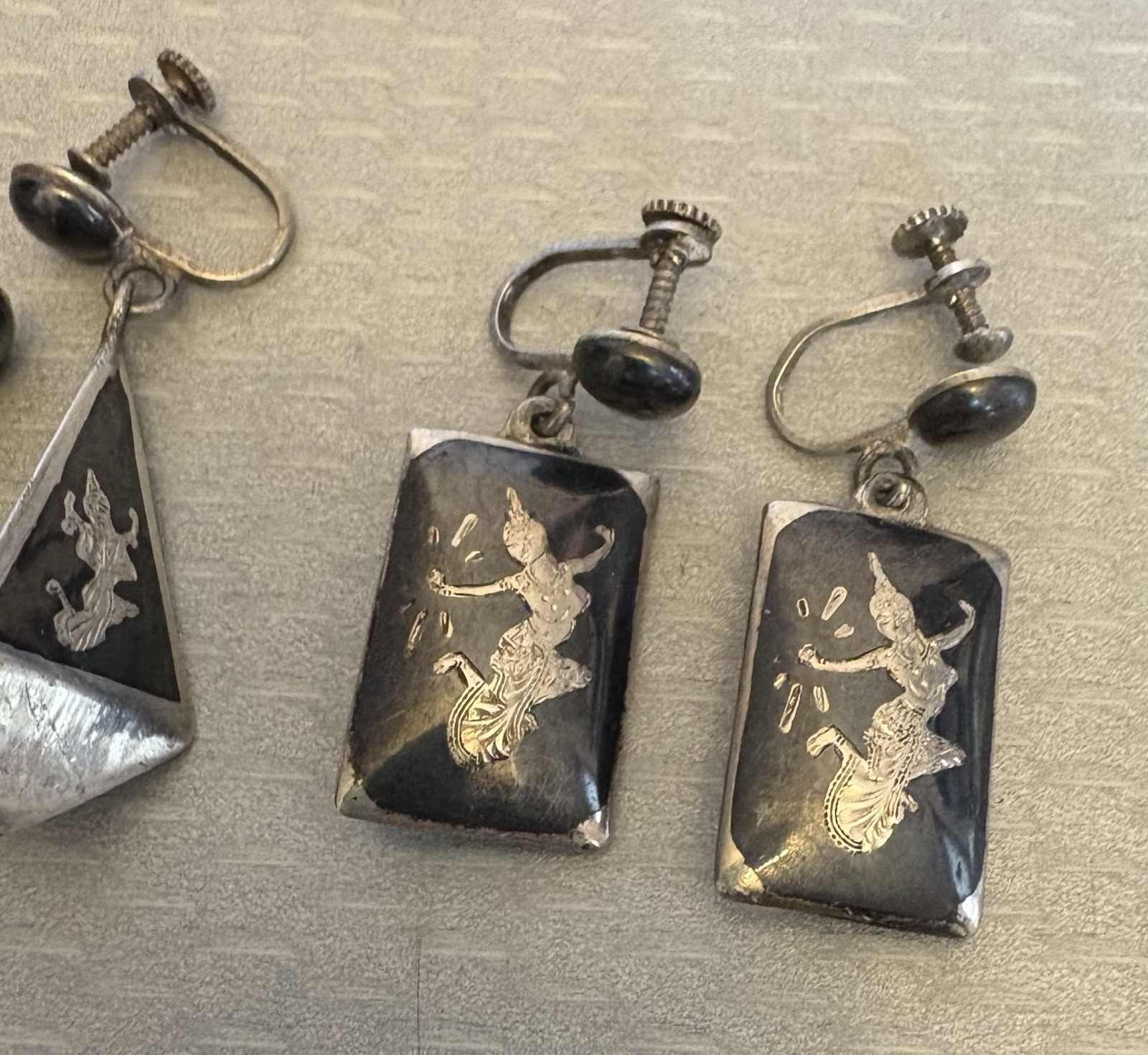 Vintage Siam Sterling Silver Niello Enamel Screw Back Earrings Dangle Drop LOT 3