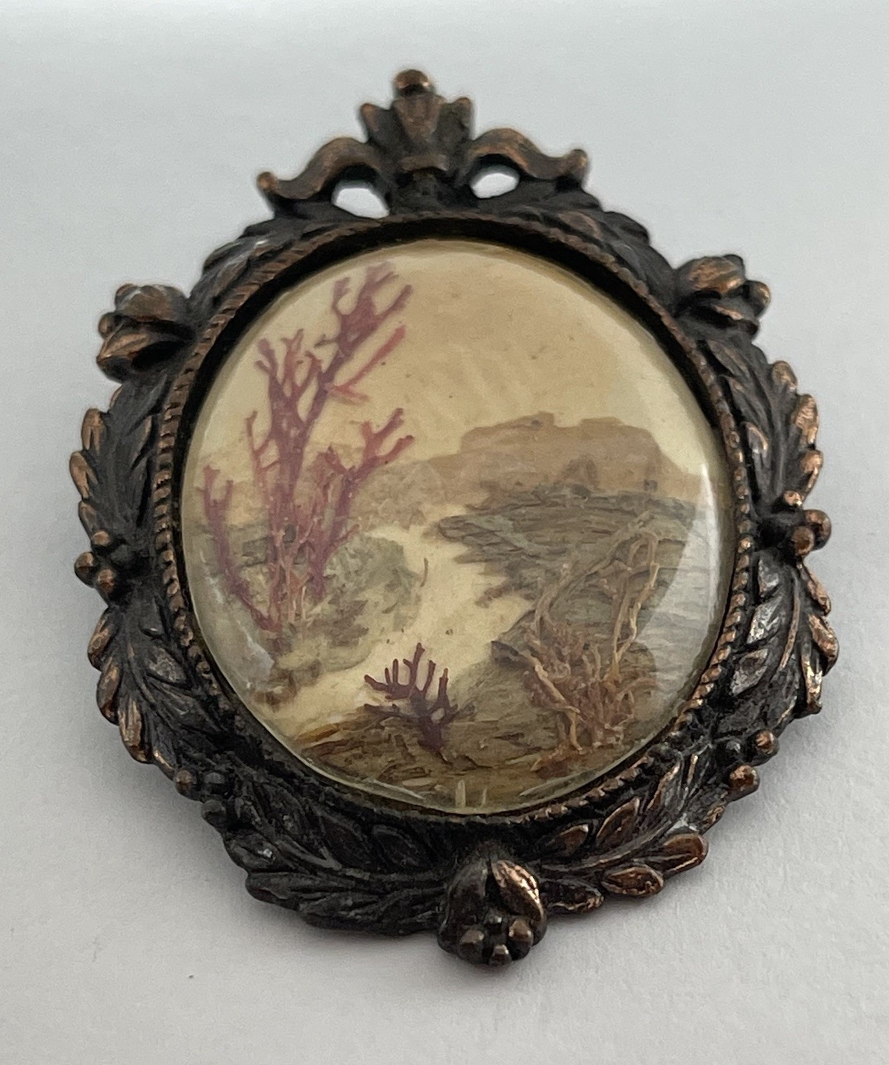Vintage W. Australia Bark Painting Collage Landscape Copper Color Brooch Pendant