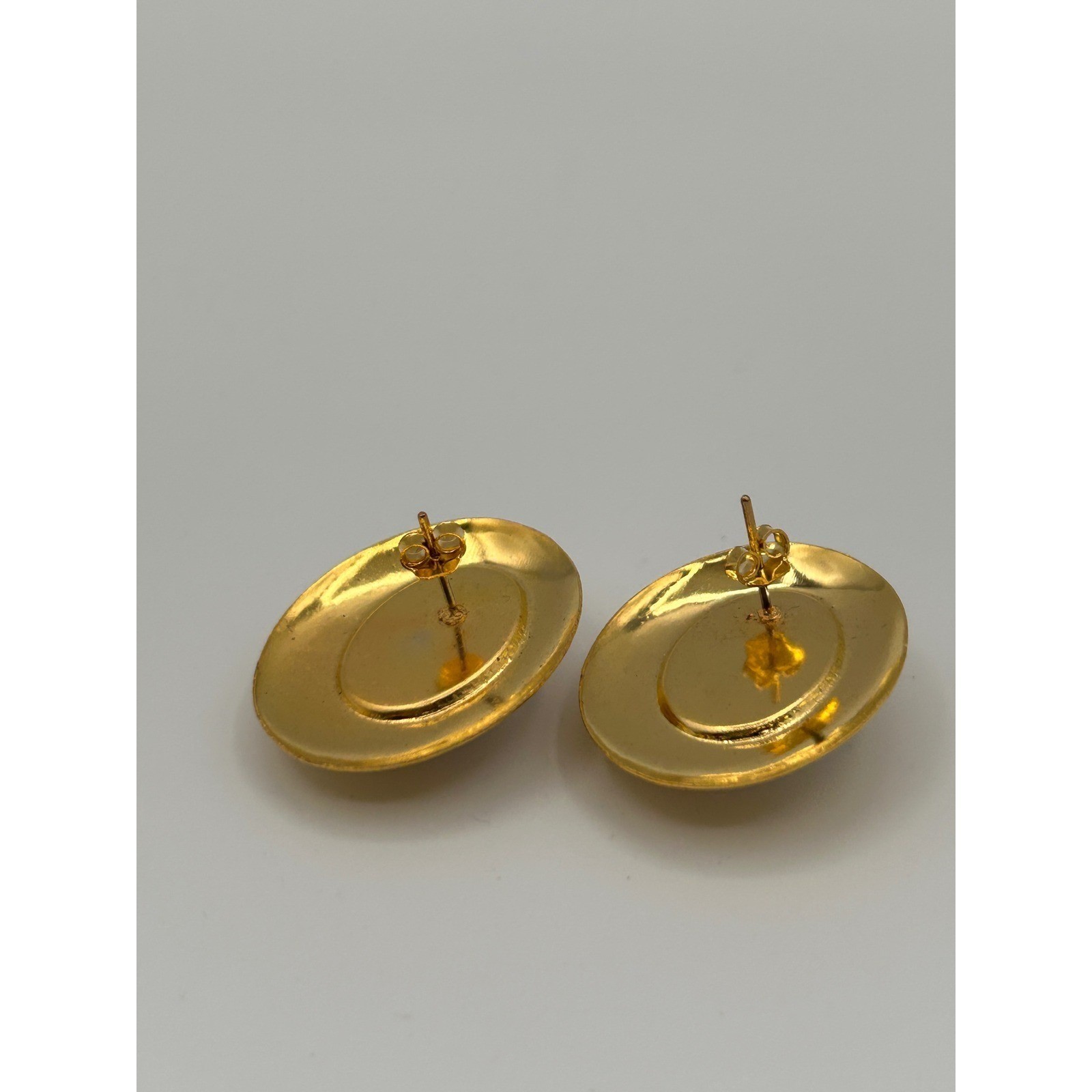 Vintage Gold Tone Oval Faux Pearl Stud Statement Earrings 1″ 80s Style