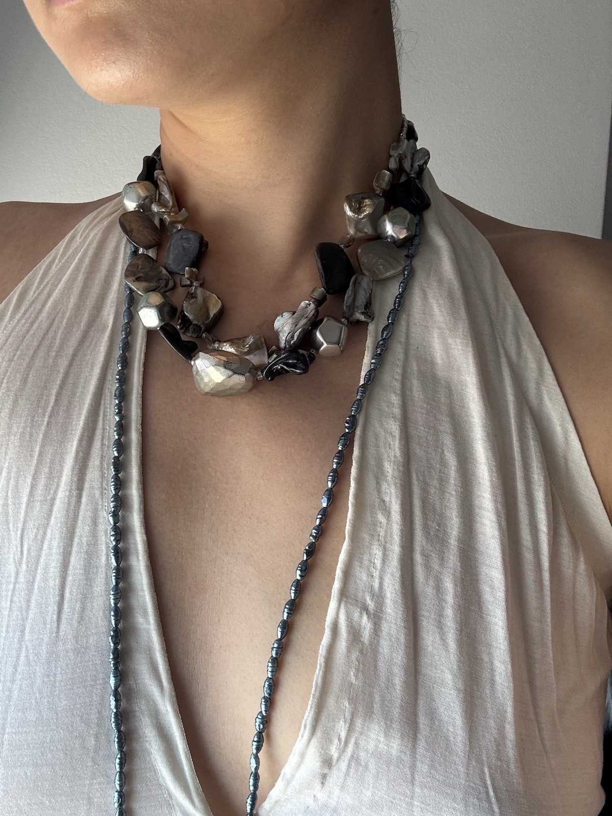 Vintage Artisan Layered Necklace Set Mother of Pearl Shell Gunmetal Beads