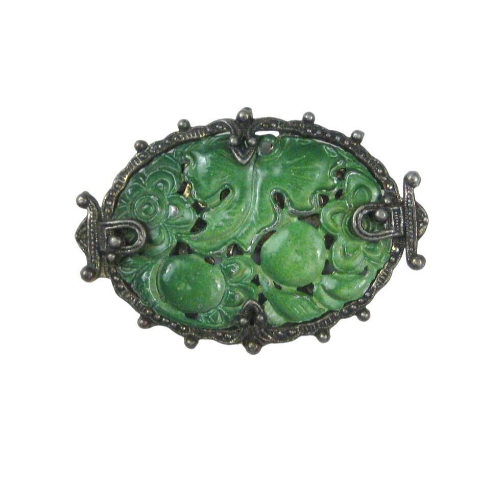 Victorian Repousse Enamel Metal Brooch Pin Silvetone Vintage Estate Leaf