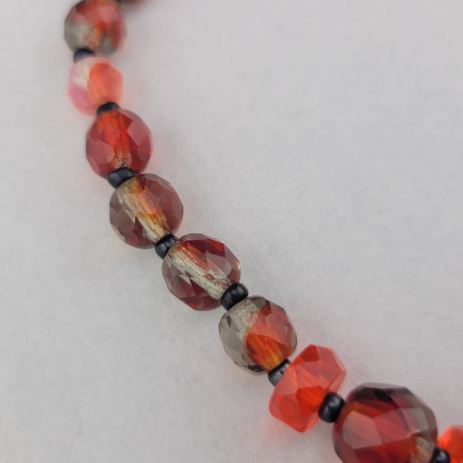 Antique Czech Red Clear Orange Givre Glass Crystal Bead Graduated 20″ Necklace