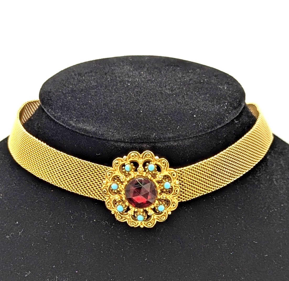 Vintage FLORENZA Mesh Choker Necklace Gold Tone Red turquoise Victorian Revival