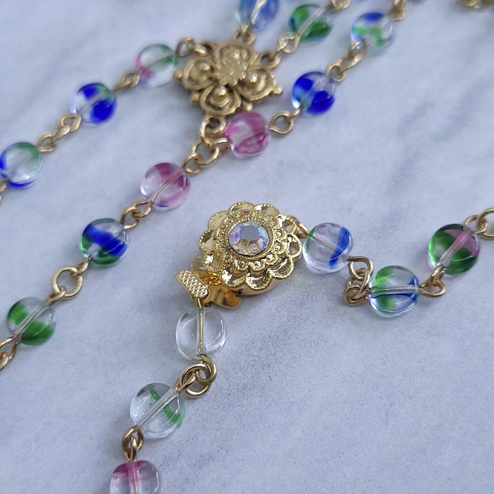 Iris Glass Necklace 18” Multicolor Czech Vintage Beads Women`s Jewelry