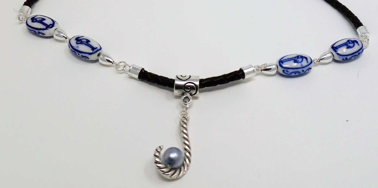 Vintage Japanese Sandpiper Porcelain Handcrafted Blue Akoya Pearl Necklace OOAK