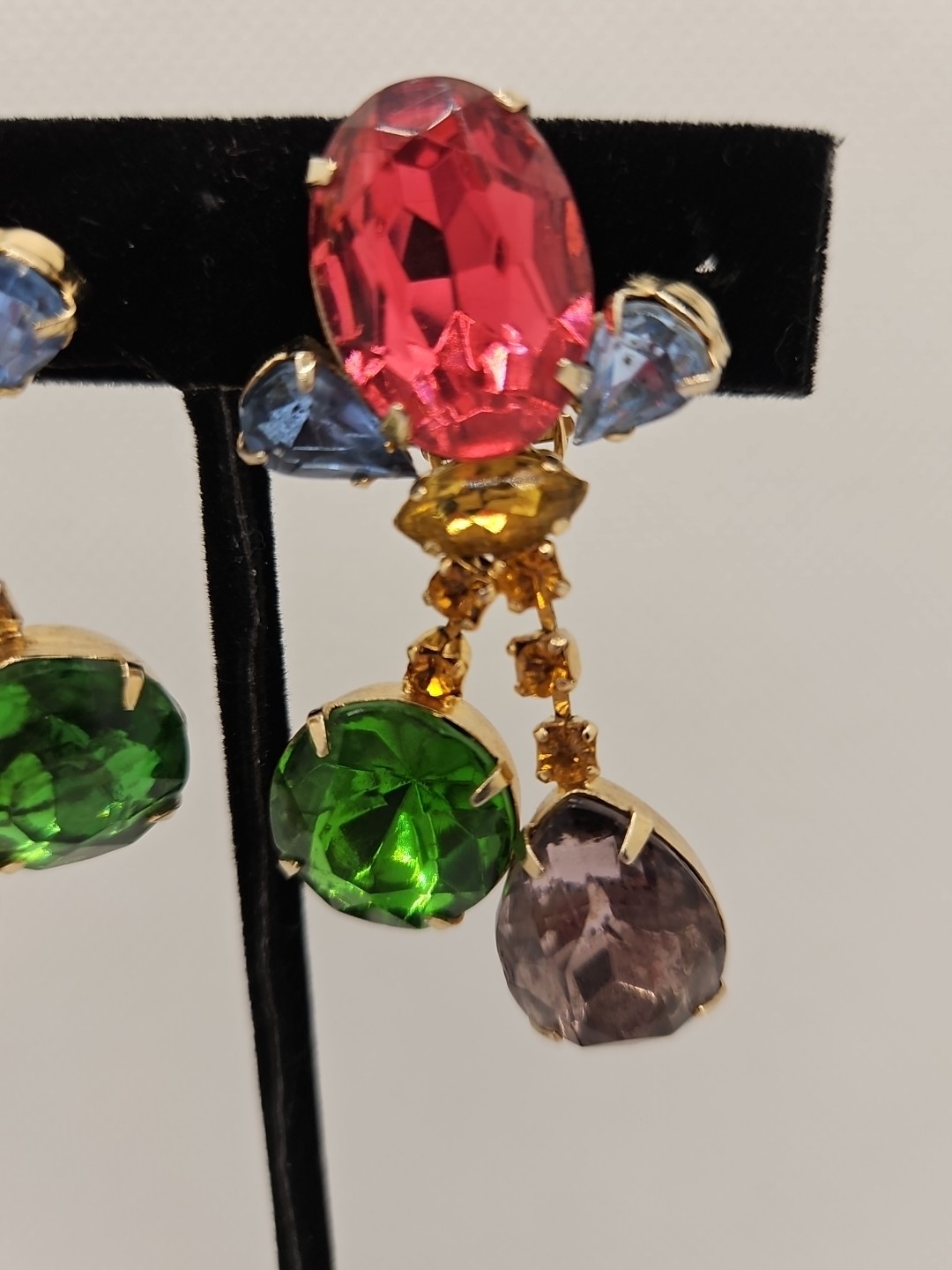 Vintage Chandelier Large Brooch & Earrings Multicolor Rhinestones Set