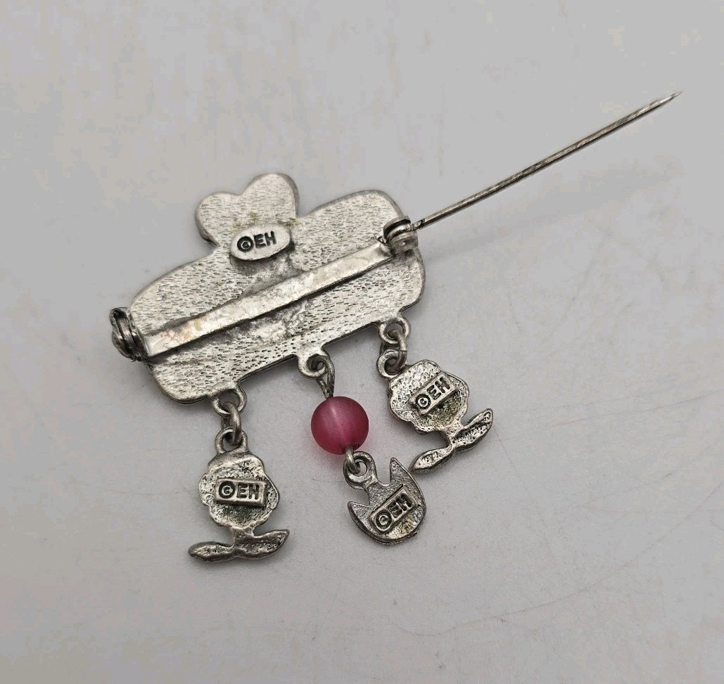 Vtg EH Herbs Brooch Silver Tone Flower Dangles Chef Herb Gardener Cook Heart