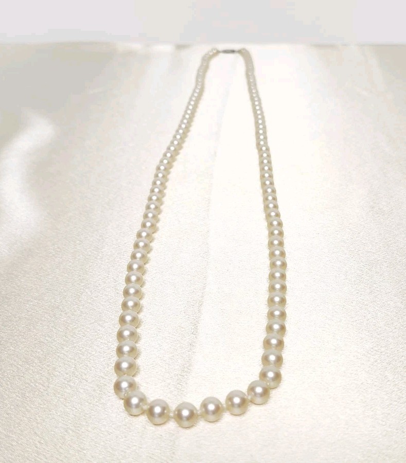 Vintage Glass Faux Pearl Necklace Signed G. Silver Clasp – 6mm Beads, 36″ L