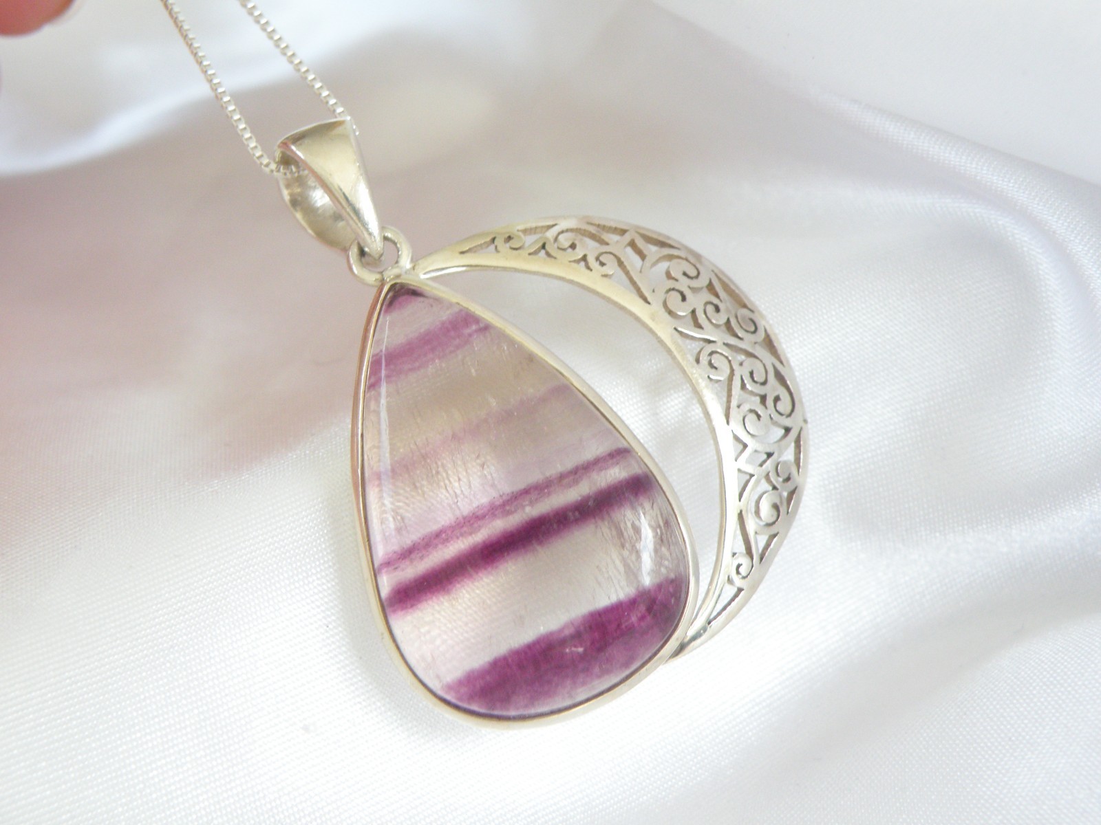 Large Sterling Silver 925 Fluorite Crescent Moon Pendant Necklace