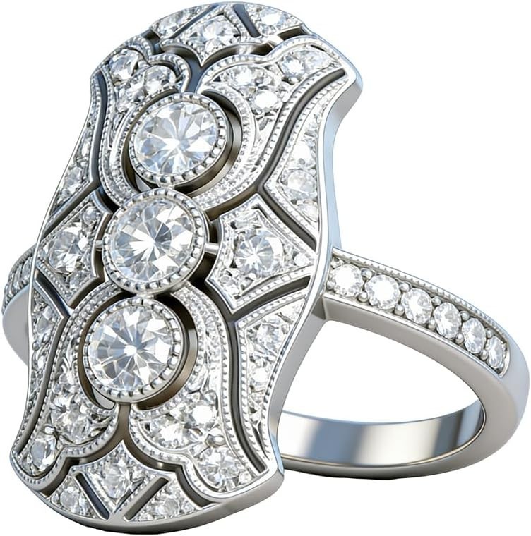 Vintage/Deco Sterling Silver CZ Shield Ring Filigree Milgrain Elongated Sz 7.25