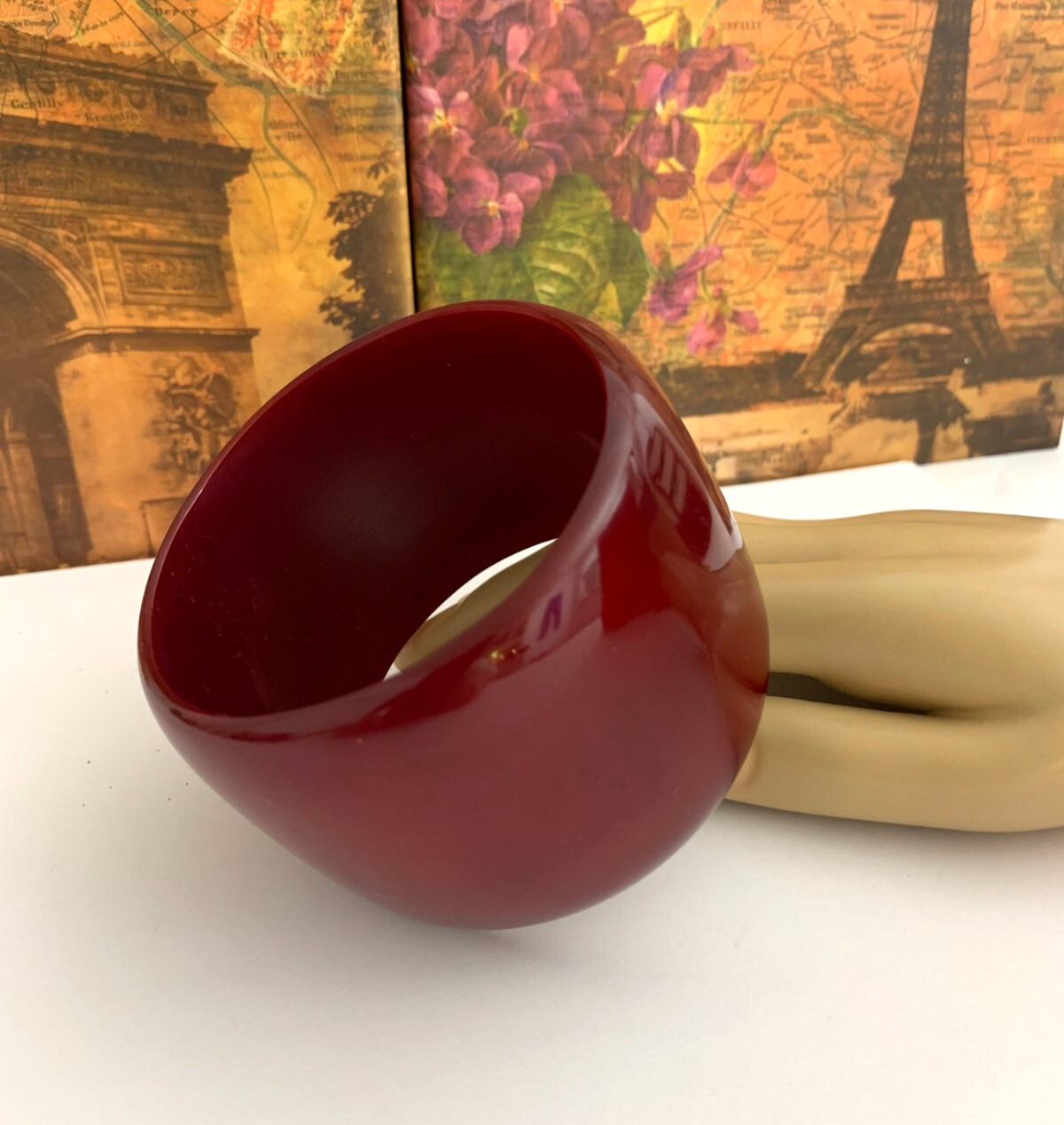Marion Godard Paris Lucite Bangle Bracelet Burgundy Polished Finish Chunky Wide