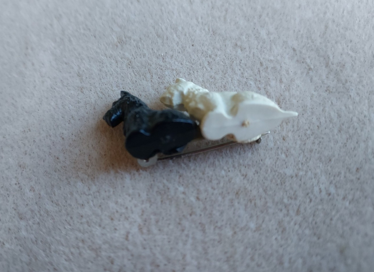 Scottie Dog Pin Black & White Celluloid Great Britain Signed 2 Dogs Vintage