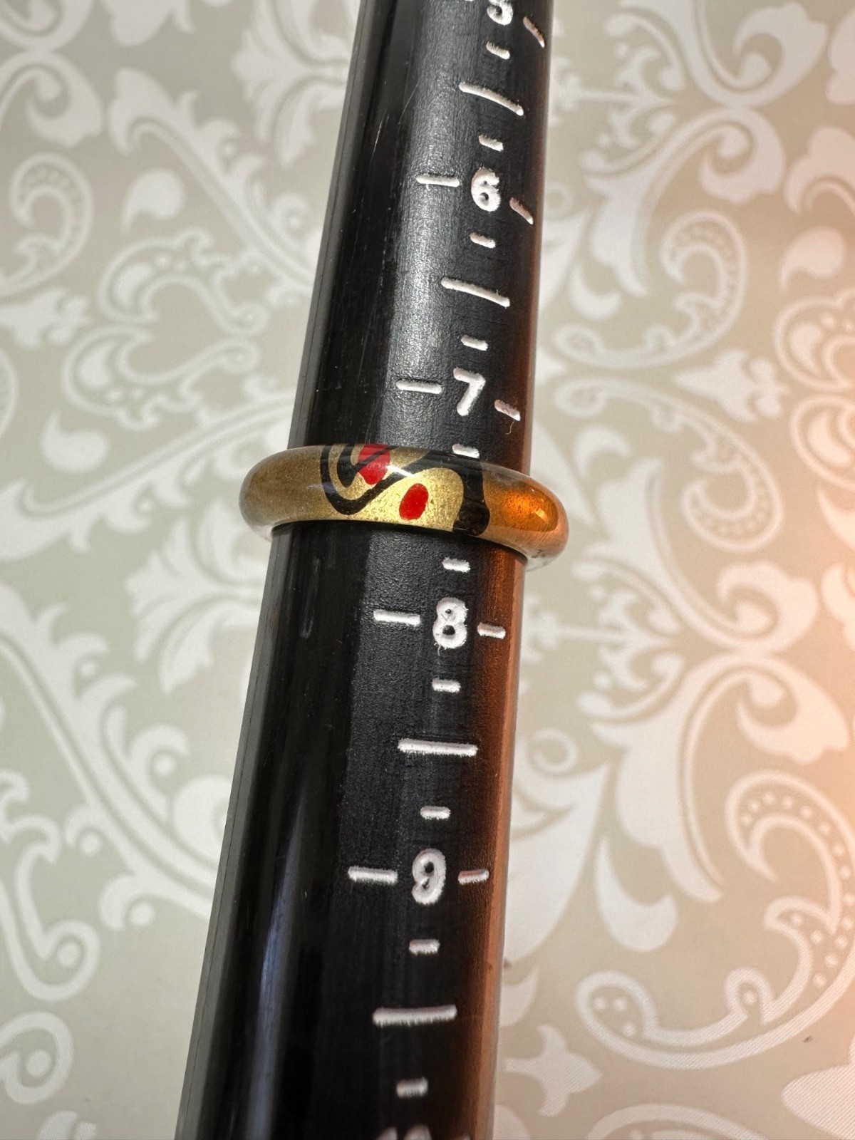Thin Lucite Band Ring Red and Black Abstract Design Size 7.5
