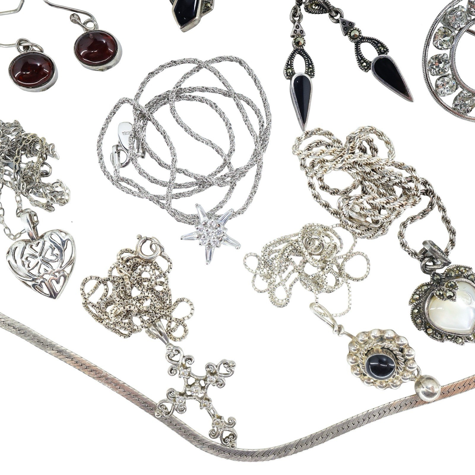 Lot 15pc WEARABLE Sterling Silver Jewelry Necklaces Earrings Art Deco Etc