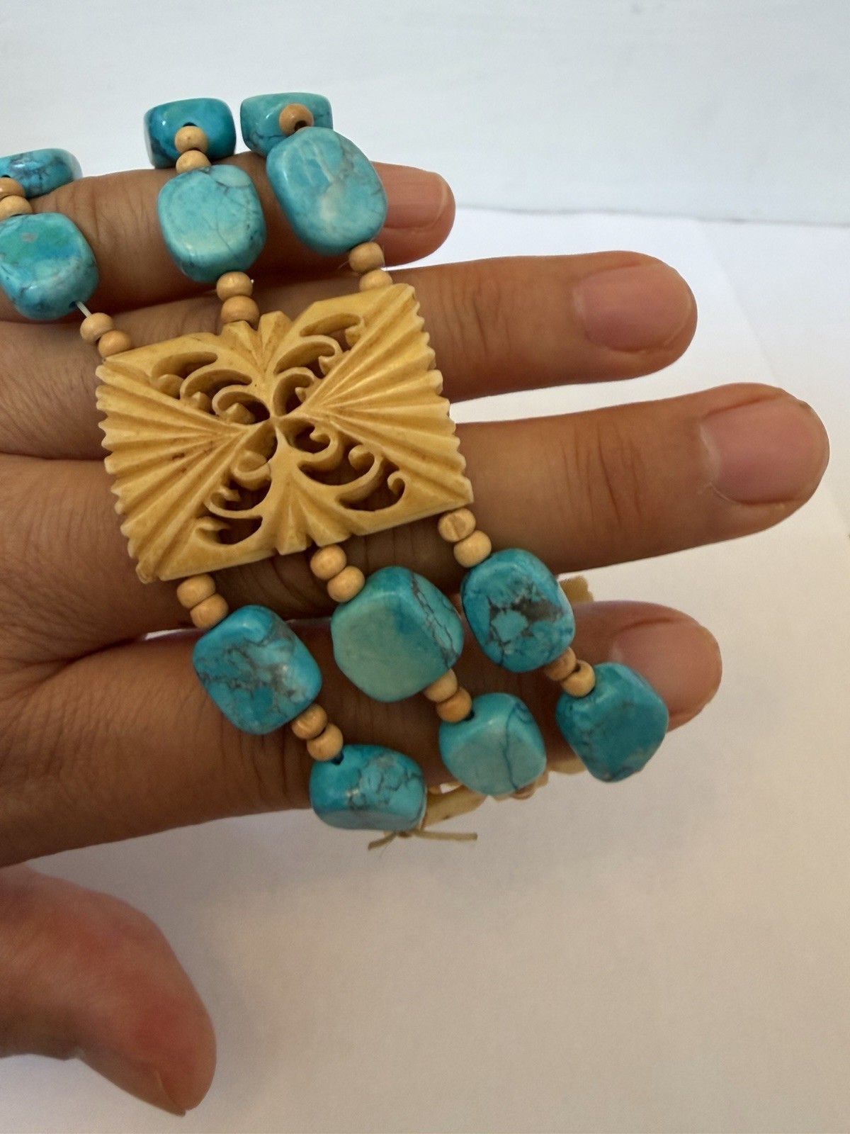 Blue Turquoise Stretchy Double Bracelet No Metal Carved Flower Resin Bead B11