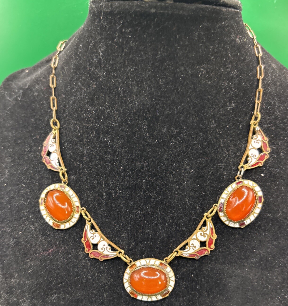 Vintage Czech Brass Gold Tone Carnelian? Cabochon Necklace Enamel