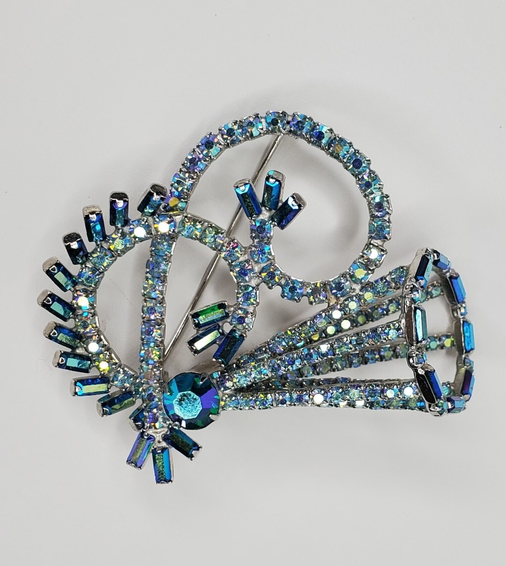 Vintage Hobe Brooch Peacock Blue AB Stones Baguettes Silver Tone 3D Signed
