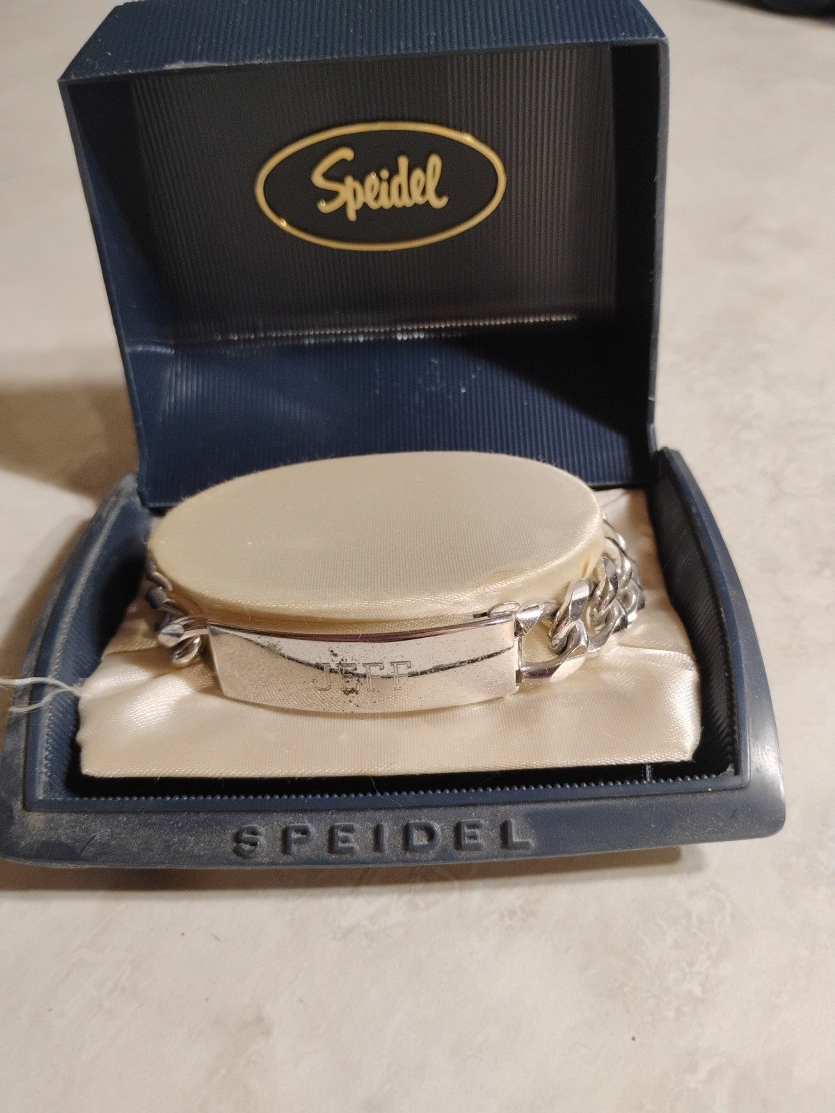 Vintage Speidel ID Bracelet Silver Tone With Black Panel In Box Engraved JEFF