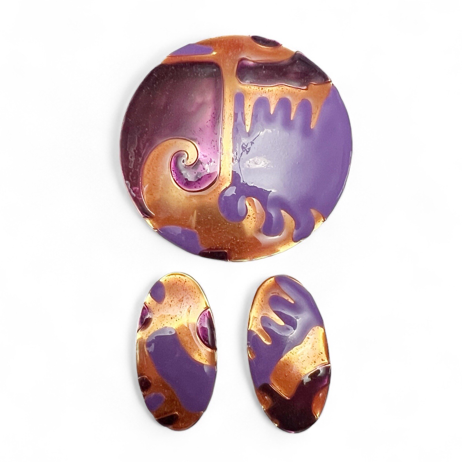 Vintage Postmodern Pink Purple Copper Enamel Abstract Design Pin & Earrings Set