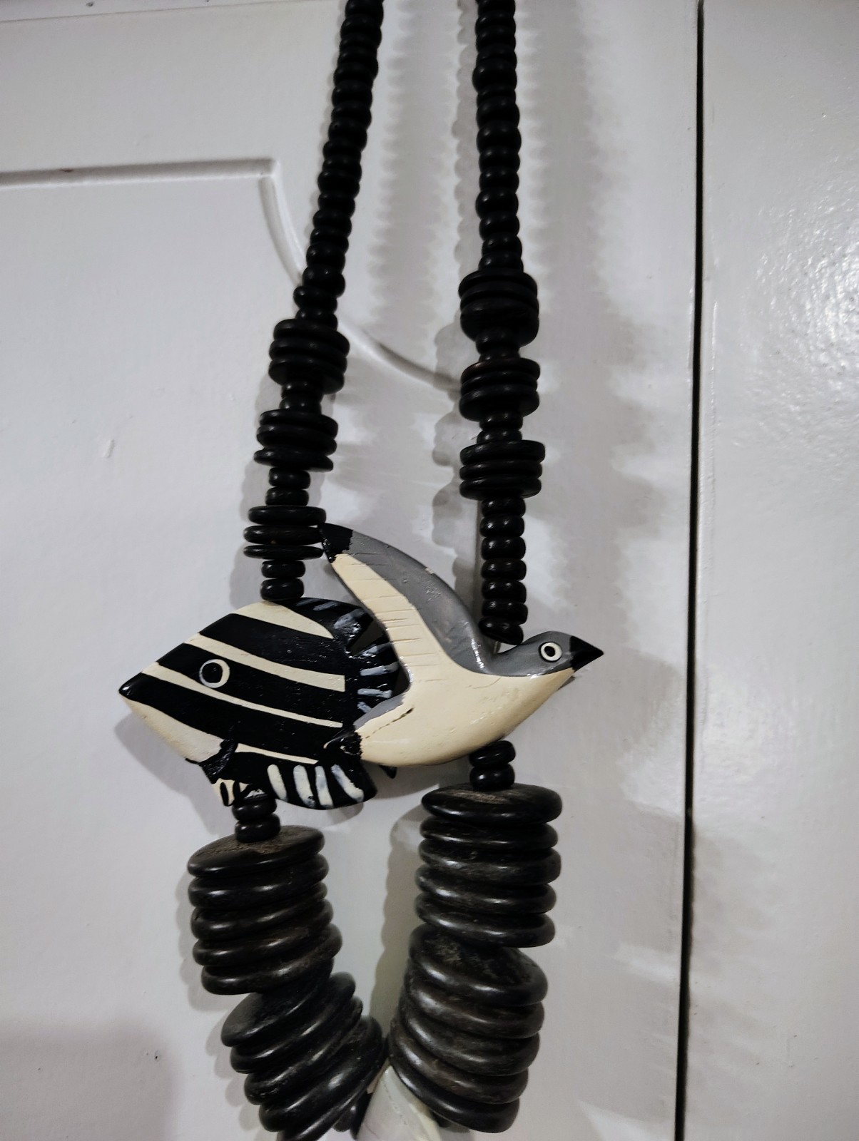 Folk Art Wooden Beach Bird Fish Necklace