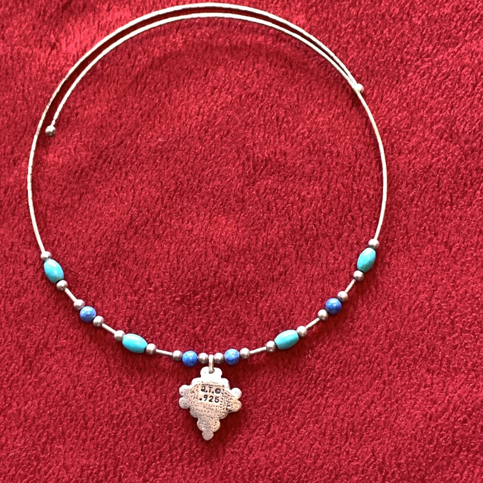 Flex Wire Choker Necklace blue tumbled stone citrine lapis 925 Silver Signed VTG