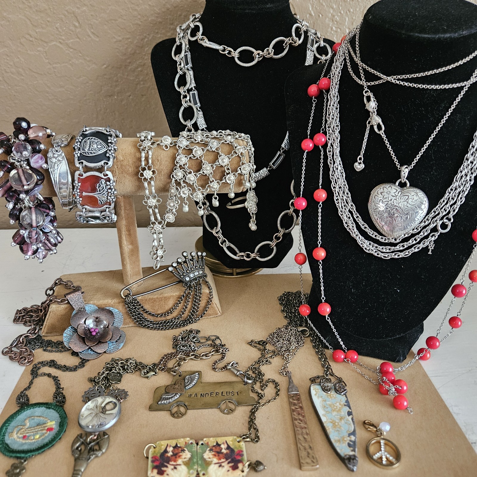 Vintage/Modern Lot 17 pc Brighton Heart Locket Necklaces Bracelets Artisan