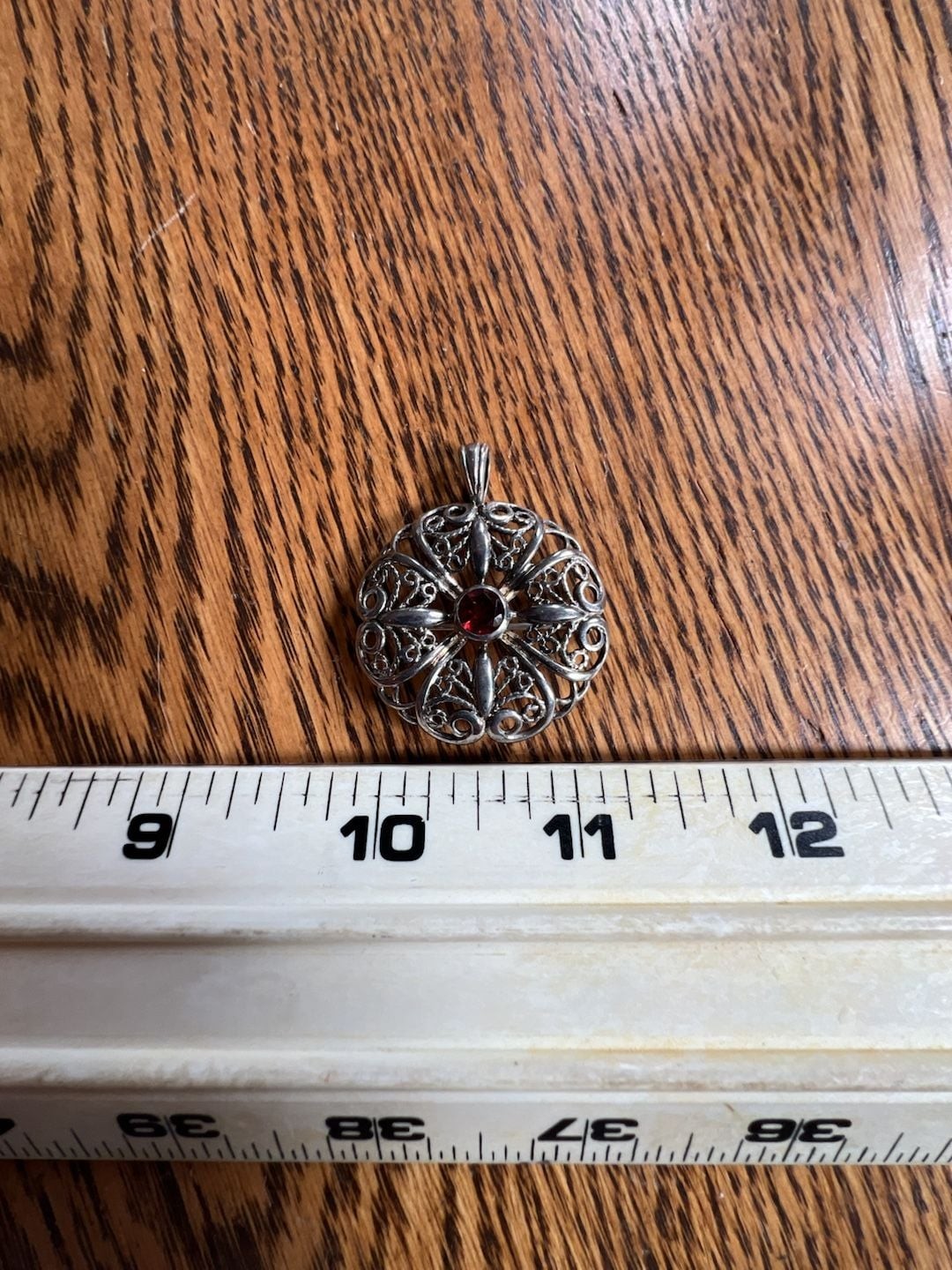 Vintage Filigree Floral Sterling Silver Red Stone Brooch Pendant