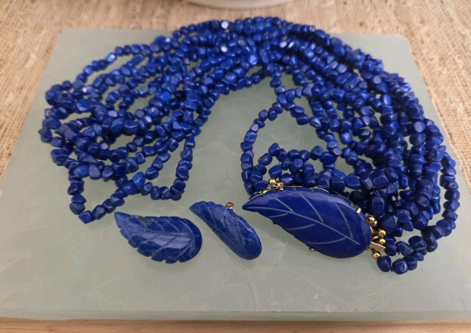 Vintage Multi Strand Necklace & Earrings Blue Lapis Lazuli Stone Carved Leaf