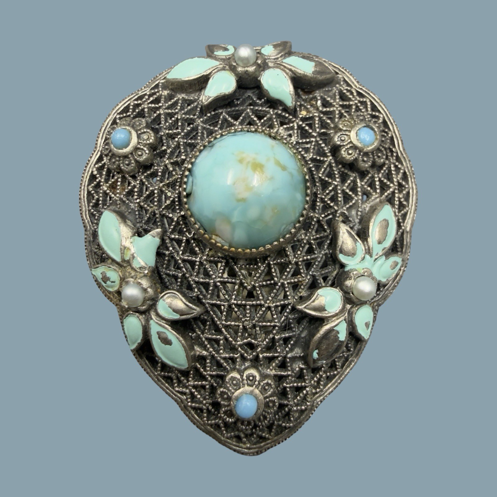Antique Czech Glass Filigree Enamel Turquoise Blue Fur Dress Clip Brooch NEIGER?