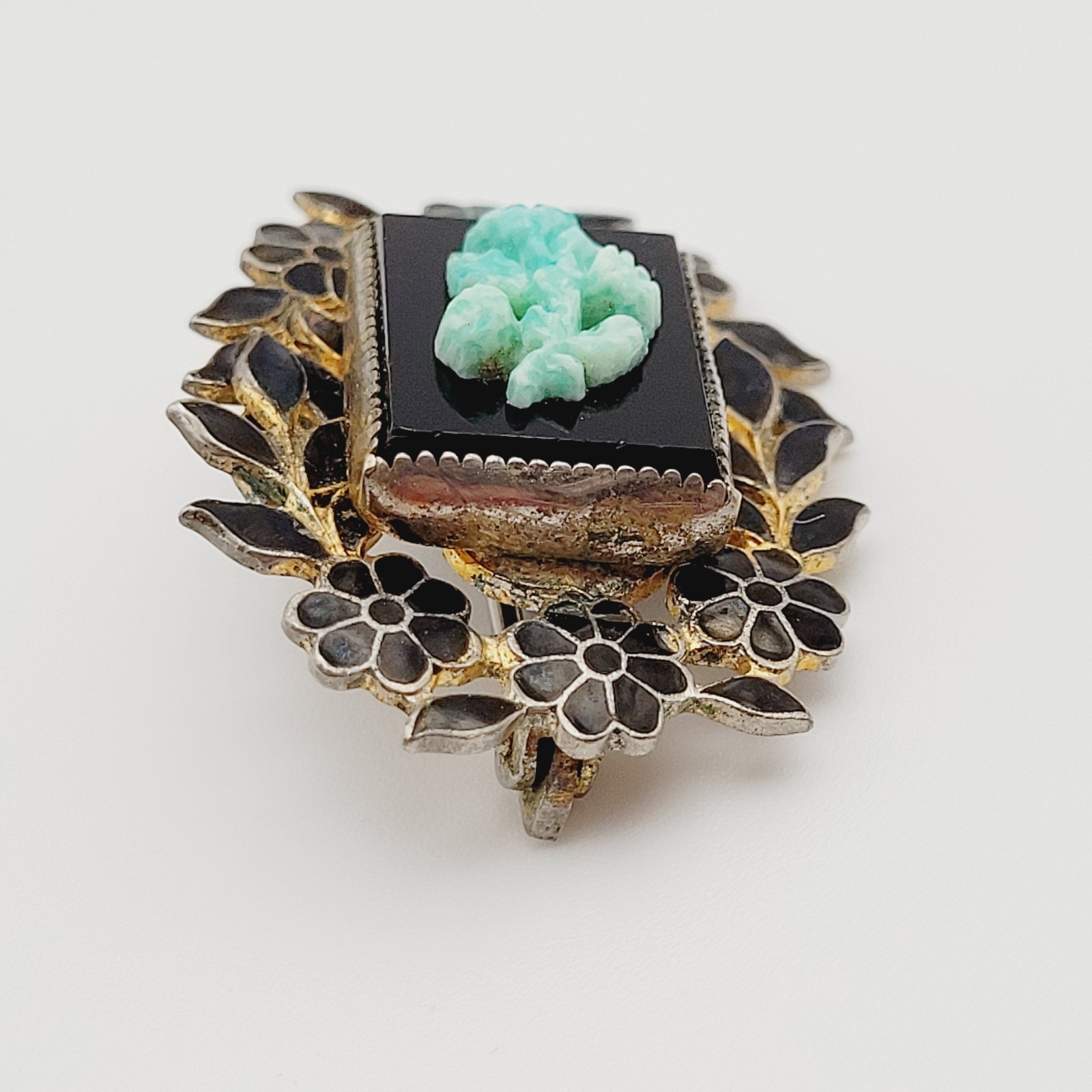 Nouveau Peking Glass Floral Victorian Mourning Brooch Style 1930s Vintage Brooch