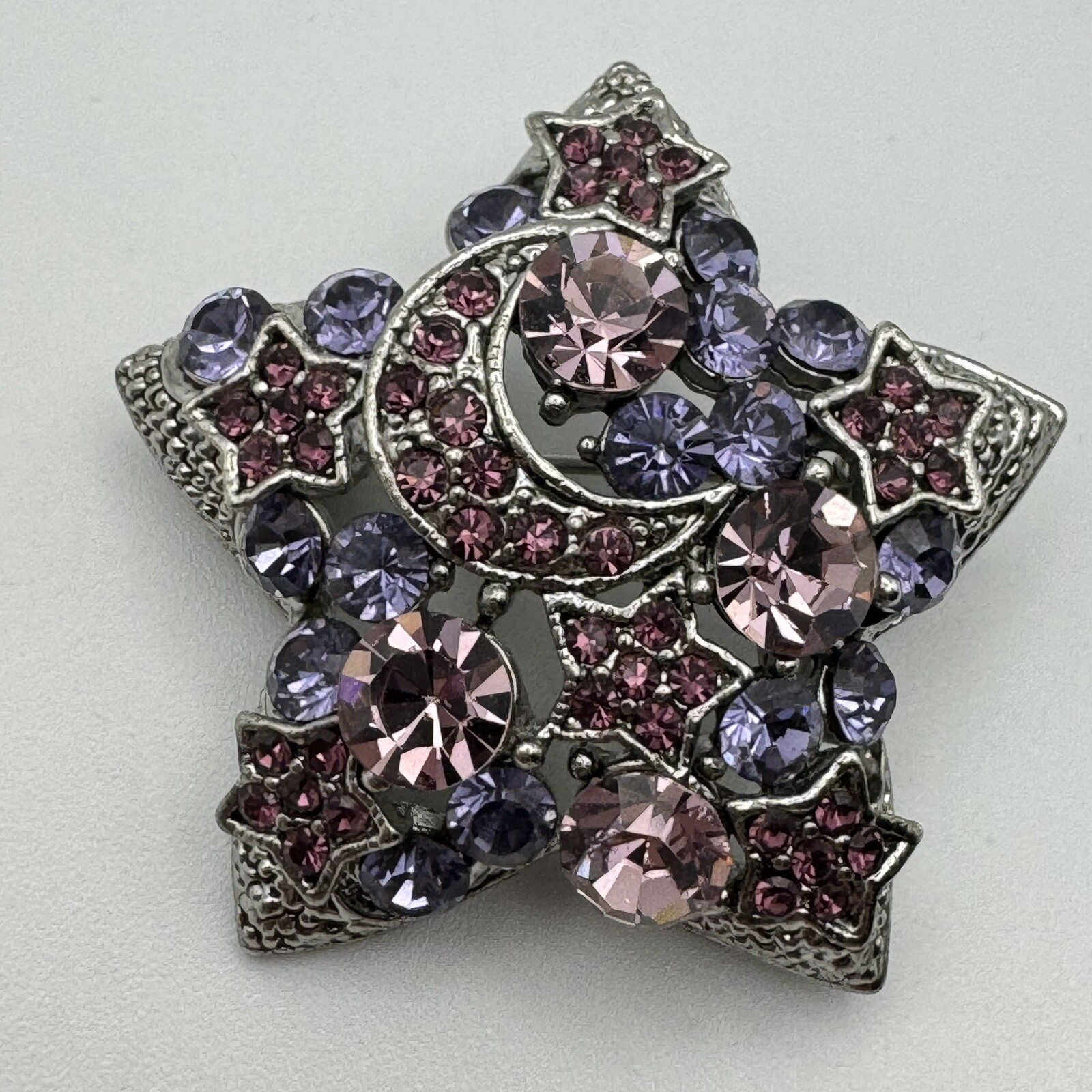 Stars Crescent Moon Purple Rhinestone Silvertone Brooch Pin