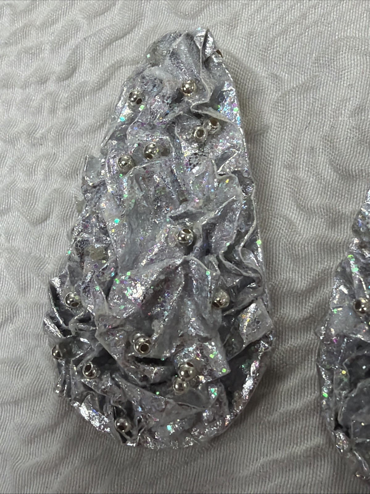 Vintage Artisan Crinkled Metallic Surface Elongated Teardrop Clip on 2”Earrings