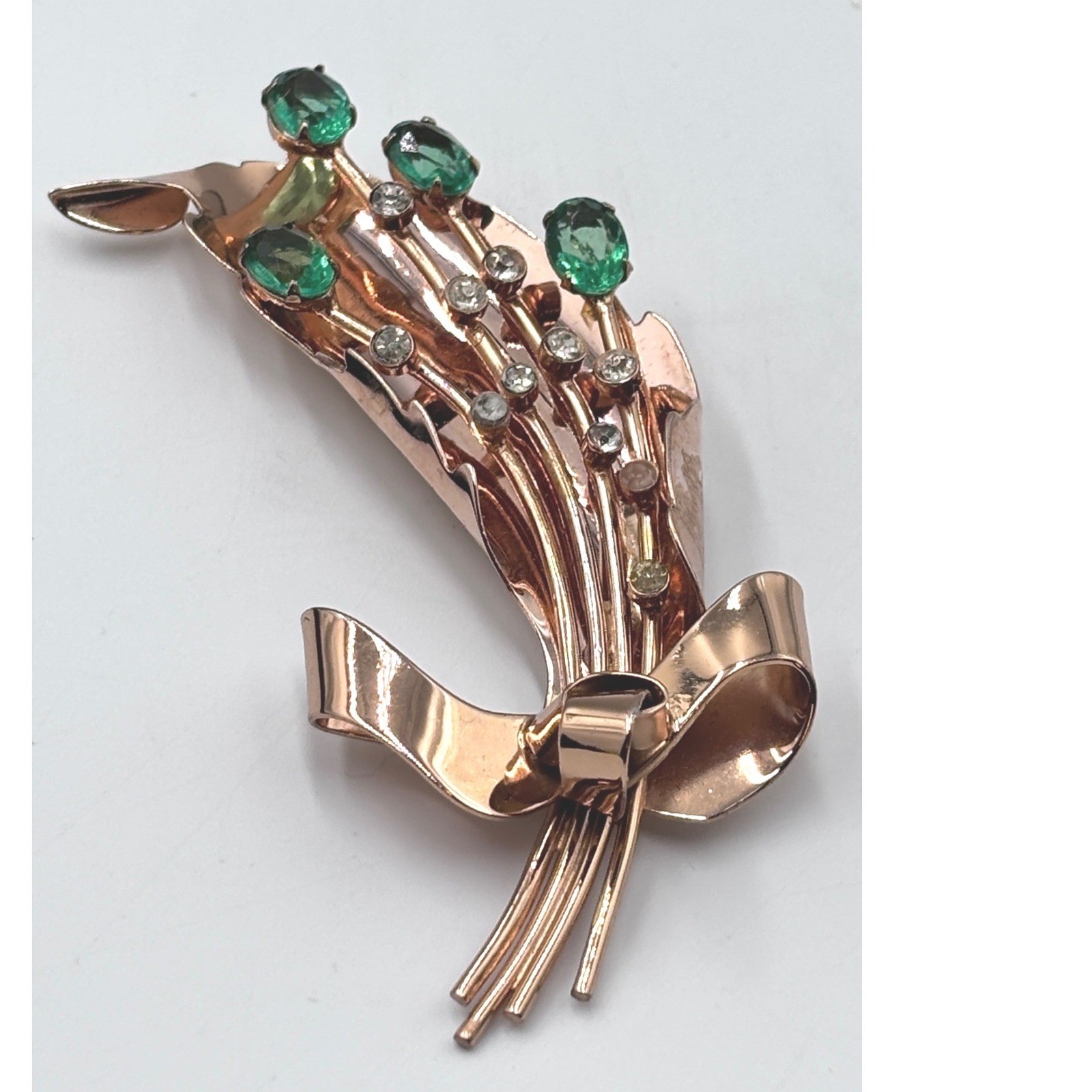Vintage Coro Pegasus Sterling Silver Rose Gold Vermeil Green Floral Brooch 1940s