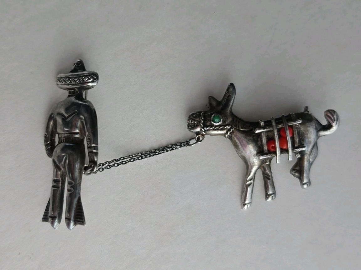 1950’s Mexico 925 Burro Chained To Fruit Seller Man Double Pins