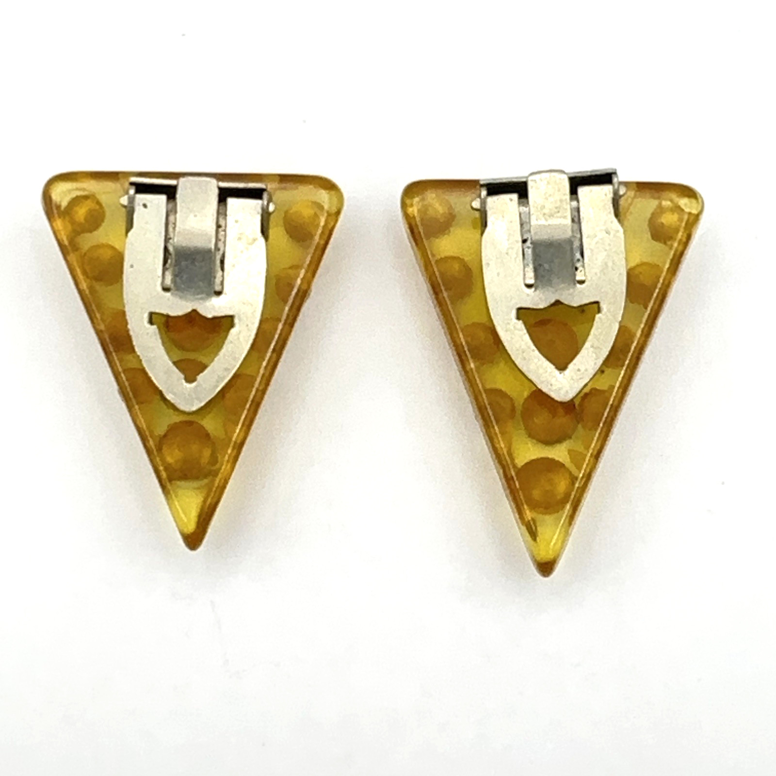 BAKELITE dress clip set – vintage apple juice carved w/ rhinestones triangle pin