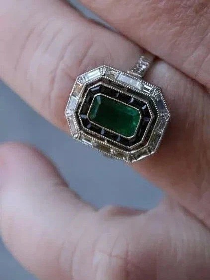 4Ct Vintage Art Deco Style Lab Created Emerald Engagement 14K White Gold FN Ring