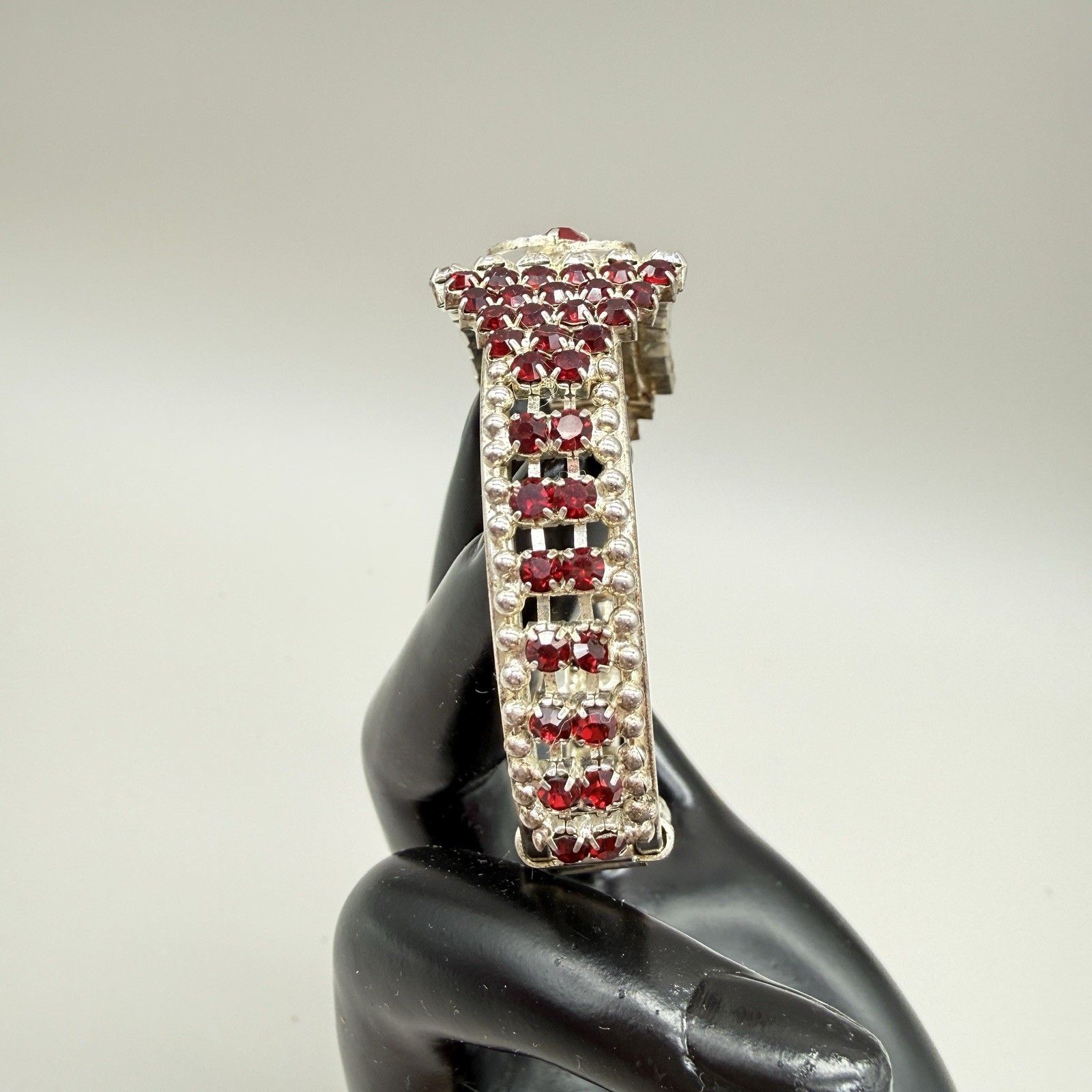 Vintage Red & Clear Rhinestone Hinged Cuff Bracelet Unmarked Red Bracelet